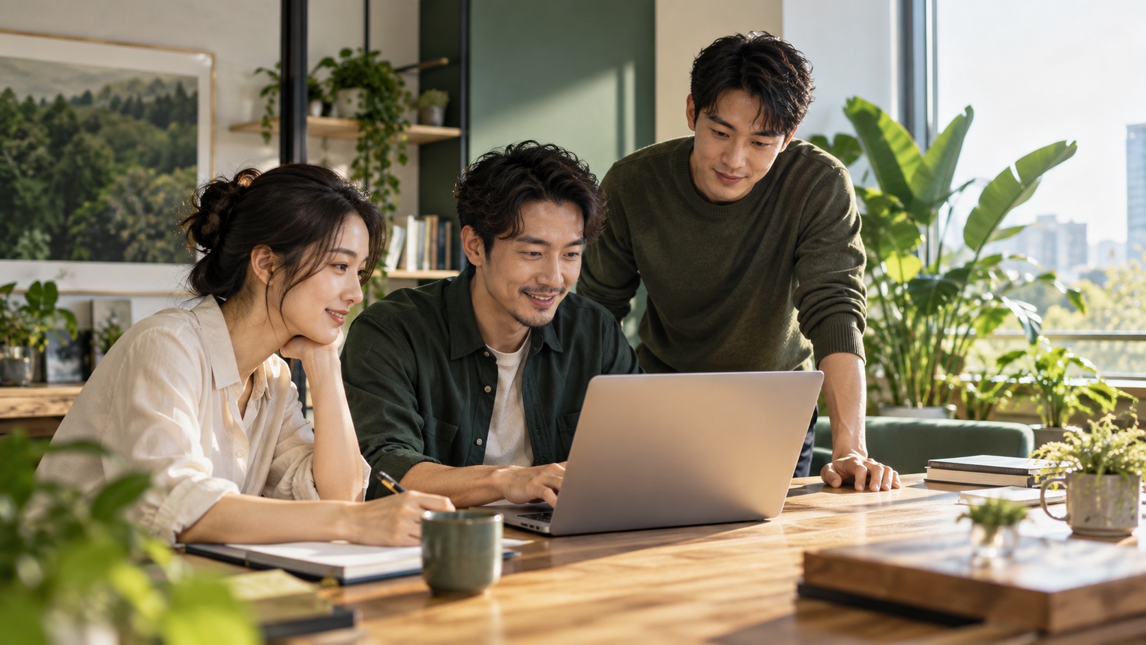 三位亞洲企業工作者在明亮辦公室協作，AI 生成情境示意